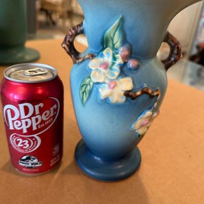 Decor - Roseville Art Pottery Blue Double Handled Vase Apple Blossom Pattern 385