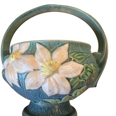Decor - Roseville Art Pottery Vintage Blue Clematis Flower Basket 389-10