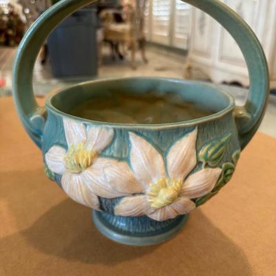 Decor - Roseville Art Pottery Vintage Blue Clematis Flower Basket 389-10