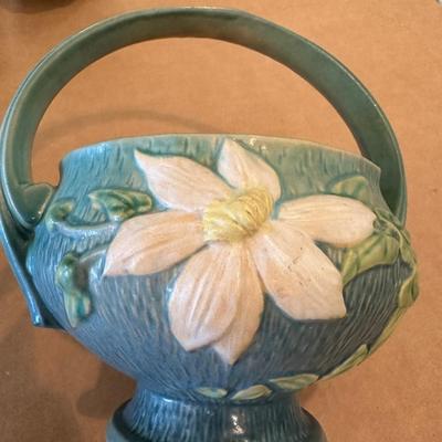Decor - Roseville Art Pottery Vintage Blue Clematis Flower Basket 389-10