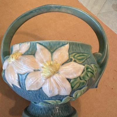 Decor - Roseville Art Pottery Vintage Blue Clematis Flower Basket 389-10