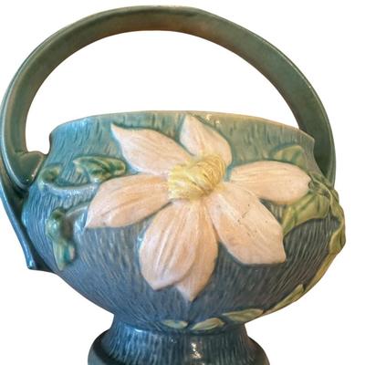 Decor - Roseville Art Pottery Vintage Blue Clematis Flower Basket 389-10