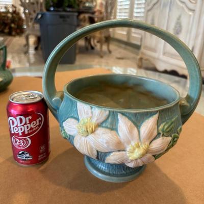 Decor - Roseville Art Pottery Vintage Blue Clematis Flower Basket 389-10