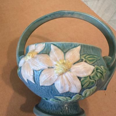 Decor - Roseville Art Pottery Vintage Blue Clematis Flower Basket 389-10