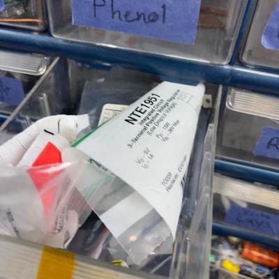 Organizer Full of Electrical Small Parts: Diodes, switches and other electrical components 