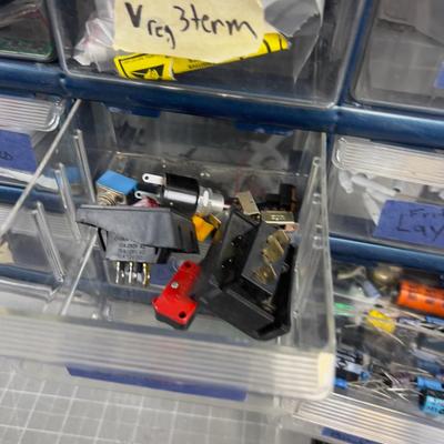 Organizer Full of Electrical Small Parts: Diodes, switches and other electrical components 