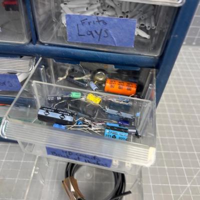 Organizer Full of Electrical Small Parts: Diodes, switches and other electrical components 