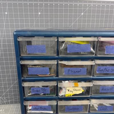 Organizer Full of Electrical Small Parts: Diodes, switches and other electrical components 