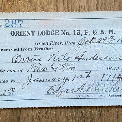 freemason ORIENT LODGE GREEN RIVER UTAH DUES CARDS 1914-22 