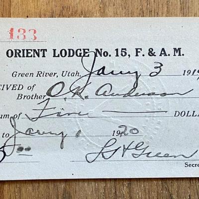 freemason ORIENT LODGE GREEN RIVER UTAH DUES CARDS 1914-22 