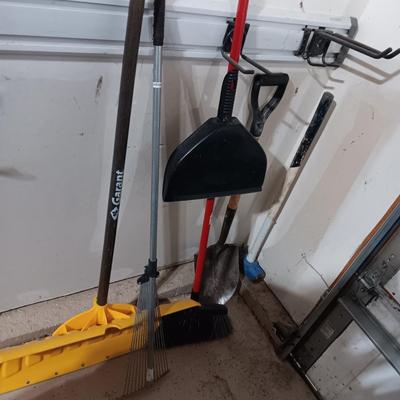 LARGE SNOW SHOVEL, SLEDGE HAMMER, BROOM & RAKE