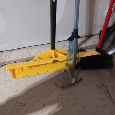 LARGE SNOW SHOVEL, SLEDGE HAMMER, BROOM & RAKE