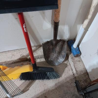 LARGE SNOW SHOVEL, SLEDGE HAMMER, BROOM & RAKE