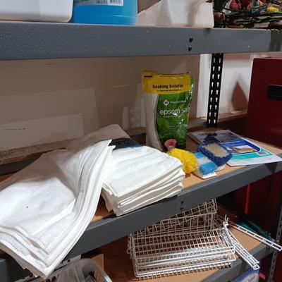 NEW WASHCLOTHS AND HAND TOWELS PLUS SCRUB BRUSHES AND ORGANIZERS