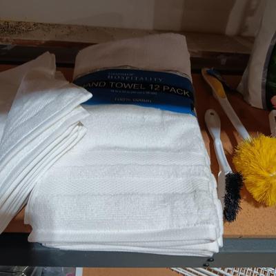 NEW WASHCLOTHS AND HAND TOWELS PLUS SCRUB BRUSHES AND ORGANIZERS