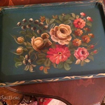 Antique  Butler Wooden Tole Tray Side
