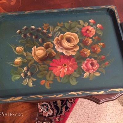 Antique  Butler Wooden Tole Tray Side