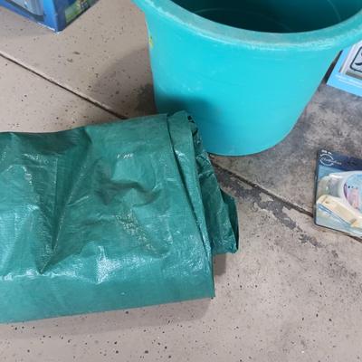 BOX FAN, TARP AND STORAGE CONTAINER