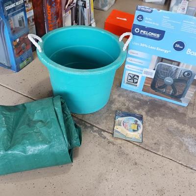 BOX FAN, TARP AND STORAGE CONTAINER