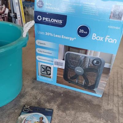 BOX FAN, TARP AND STORAGE CONTAINER