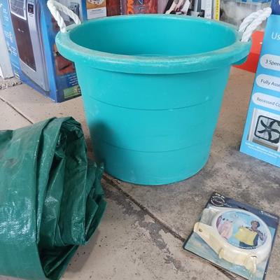 BOX FAN, TARP AND STORAGE CONTAINER