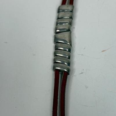 Leather Strap Bracelet with Silvertone Decorations