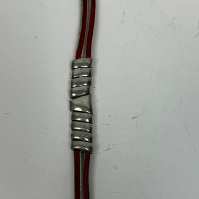 Leather Strap Bracelet with Silvertone Decorations