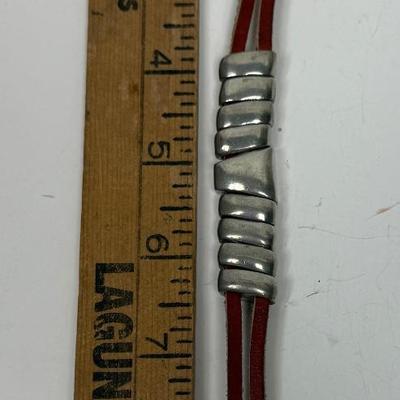 Leather Strap Bracelet with Silvertone Decorations