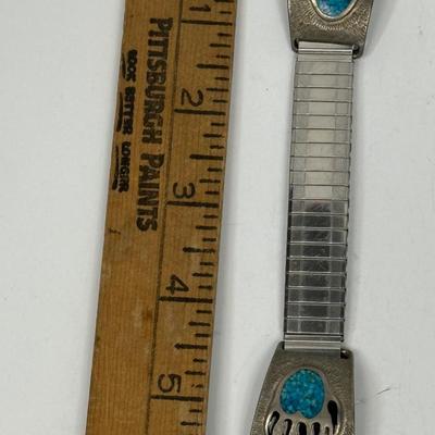 Silver-tone Expanding Watch Band with Inlaid Turquoise