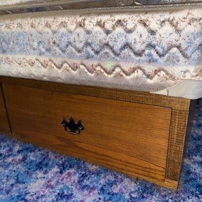 Sale Photo Thumbnail #416: Large wooden bed frame with storage drawers, mattress, two box springs