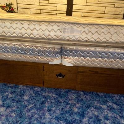 Sale Photo Thumbnail #415: Large wooden bed frame with storage drawers, mattress, two box springs