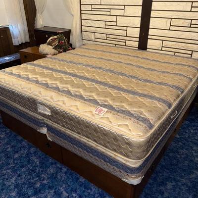 Sale Photo Thumbnail #413: Large wooden bed frame with storage drawers, mattress, two box springs
