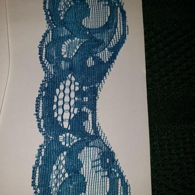 Sale Photo Thumbnail #148: Beautiful teal blue color trim.
1 and 5/8" wide. Pattern repeat is every 3.5 inches. About 32 yards long. Cardboed it is wrapped on says Nylon. Great condition.