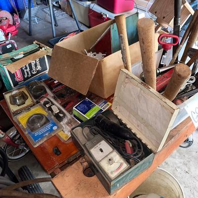 Sale Photo Thumbnail #695: Voltmeter, oil pressure gauge, soldering iron, wooden cows, small tools, etc.