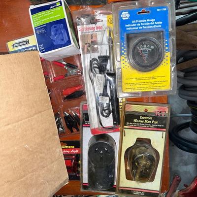 Sale Photo Thumbnail #696: Voltmeter, oil pressure gauge, soldering iron, wooden cows, small tools, etc.