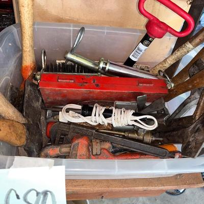 Sale Photo Thumbnail #698: Voltmeter, oil pressure gauge, soldering iron, wooden cows, small tools, etc.
