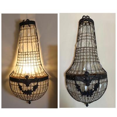 Pair of Antique Empire-Style Crystal Basket Wall Sconces (2)