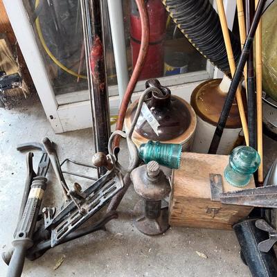 Sale Photo Thumbnail #701: Globe, window, pails and containers, jugs, saws, jacks, etc.