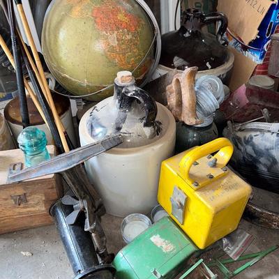 Sale Photo Thumbnail #702: Globe, window, pails and containers, jugs, saws, jacks, etc.