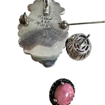 Sterling Jewelry - Signed Rhodochrosite Brooch and Earring set