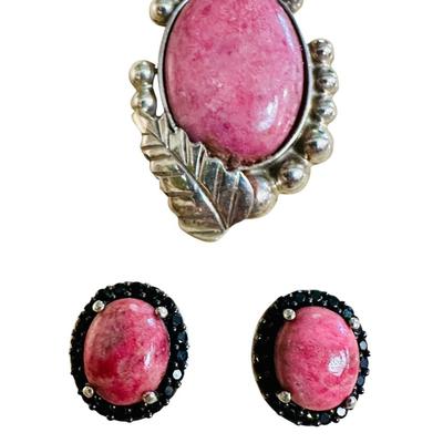 Sterling Jewelry - Signed Rhodochrosite Brooch and Earring set