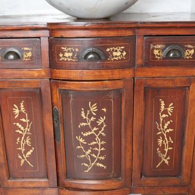 Wood Cabinet Vanity with Marble Vessel Sink and Gold Floral Detail