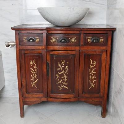 Wood Cabinet Vanity with Marble Vessel Sink and Gold Floral Detail