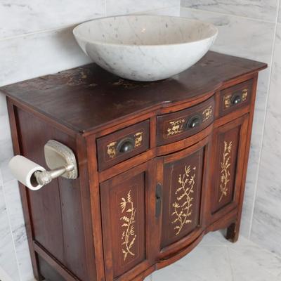 Wood Cabinet Vanity with Marble Vessel Sink and Gold Floral Detail