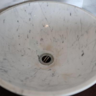 Wood Cabinet Vanity with Marble Vessel Sink and Gold Floral Detail