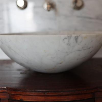 Wood Cabinet Vanity with Marble Vessel Sink and Gold Floral Detail
