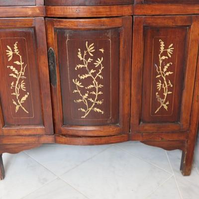 Wood Cabinet Vanity with Marble Vessel Sink and Gold Floral Detail