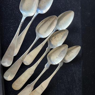 Sale Photo Thumbnail #567: This is a mixed lot of coin silver teaspoons attributed to Boston MA silversmiths 
from 1838 to 1862.  They are engraved on the back of the spoons.
Stamps include N. Harding and Lincoln & Reed.  There are 2 others that are difficult to read due to the age