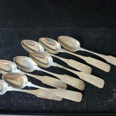 Sale Photo Thumbnail #569: These are stamped T K Emory, and engraved with initials on the front.  
Research says they are coin silver, 900 purity.  Set of 8 
Retail is $15 to $30 per spoon