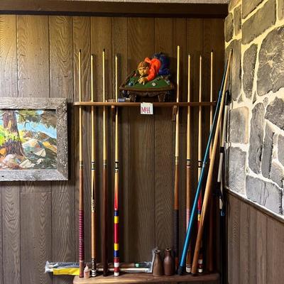 Sale Photo Thumbnail #933: Pool cues, guy playing pool wall hanging, chalk